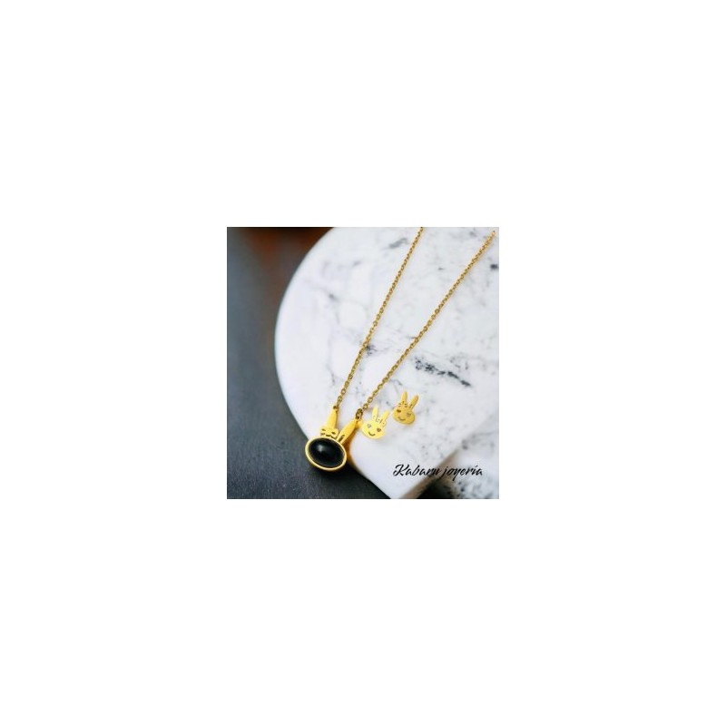Conjunto conejo piedra negra acero inoxidable