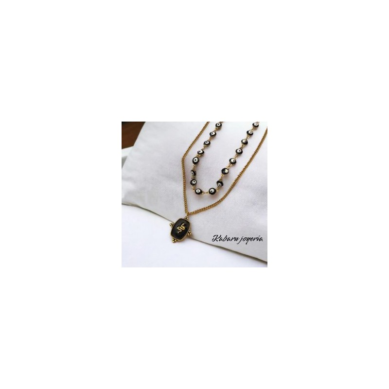 Collar dorado 2 lienzos acero inoxidable ojo piedra negra