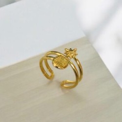 Anillo dorado ajustable acero inoxidable estrella y sol