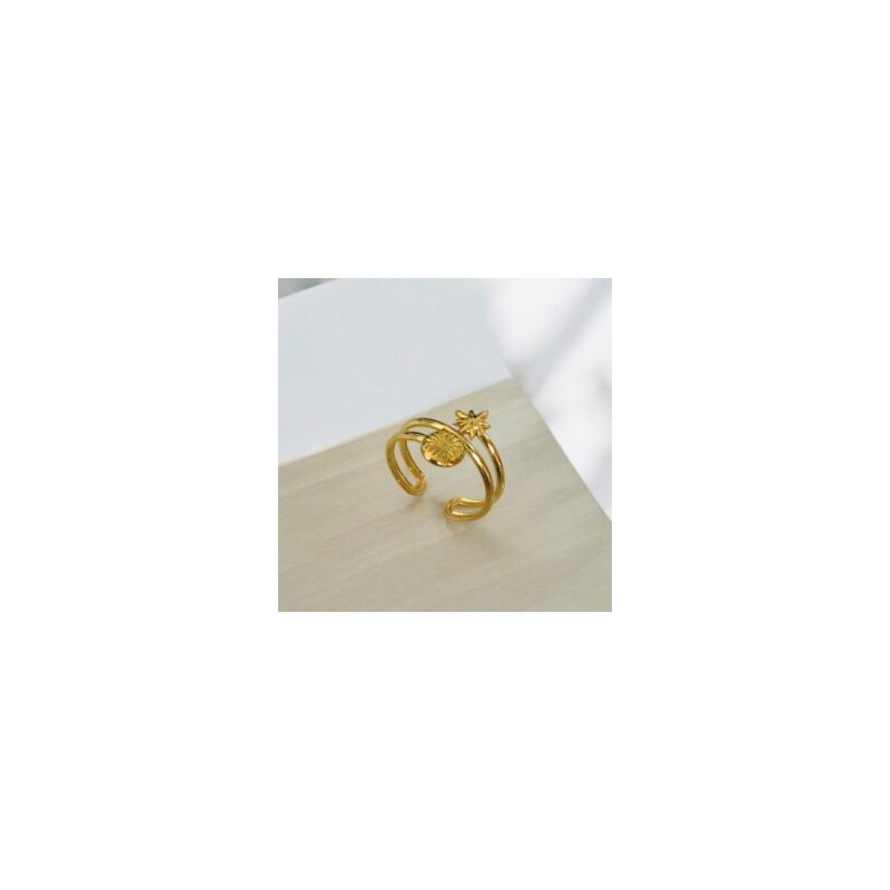 Anillo dorado ajustable acero inoxidable estrella y sol