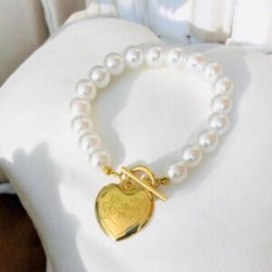 Pulsera dorada acero inoxidable perlas corazon