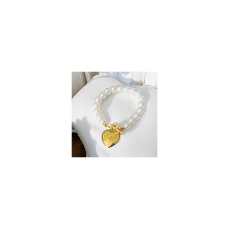 Pulsera dorada acero inoxidable perlas corazon