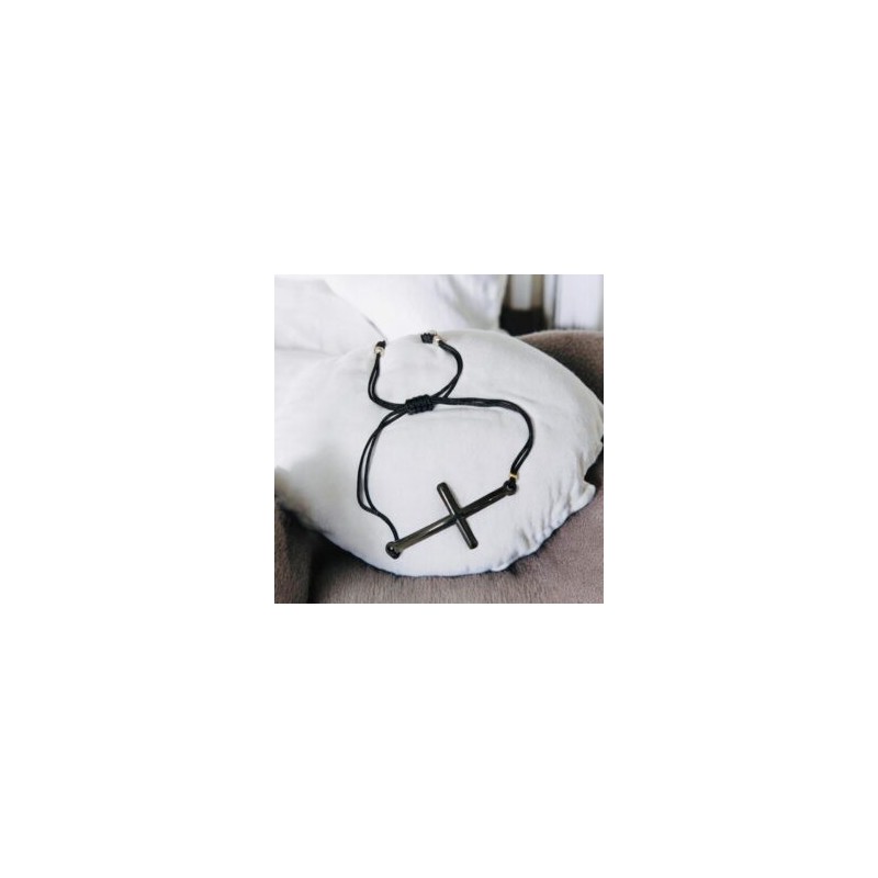 Pulsera negra unisex cruz acero inoxidable
