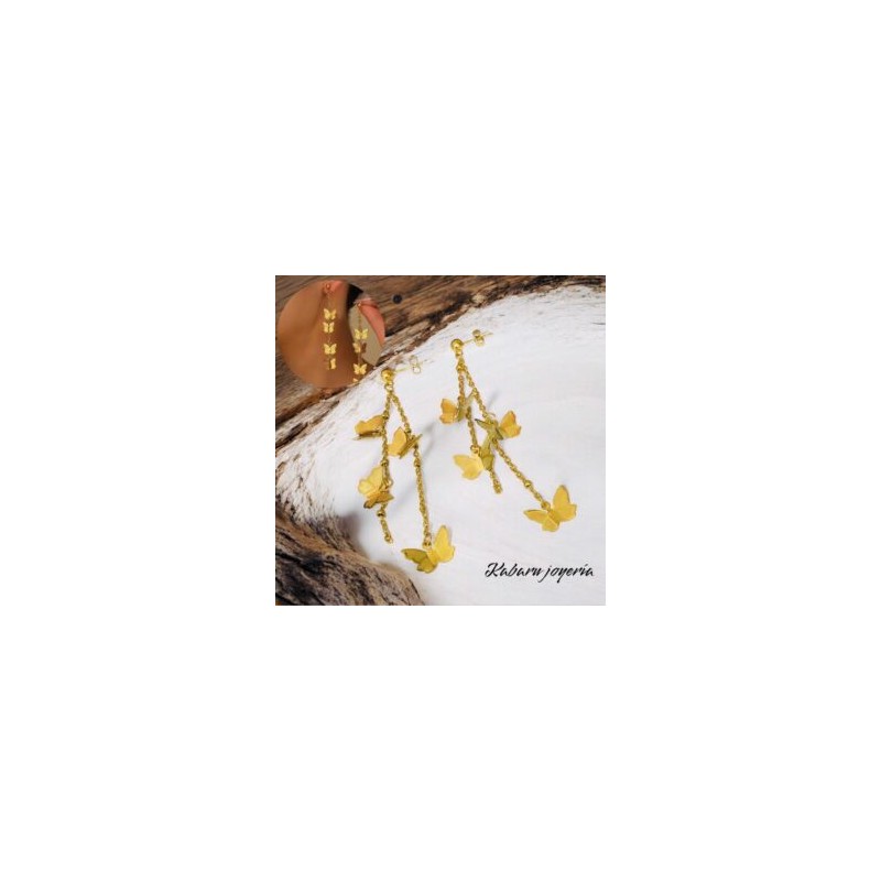 Pendientes dorados largos acero inoxidable mariposa