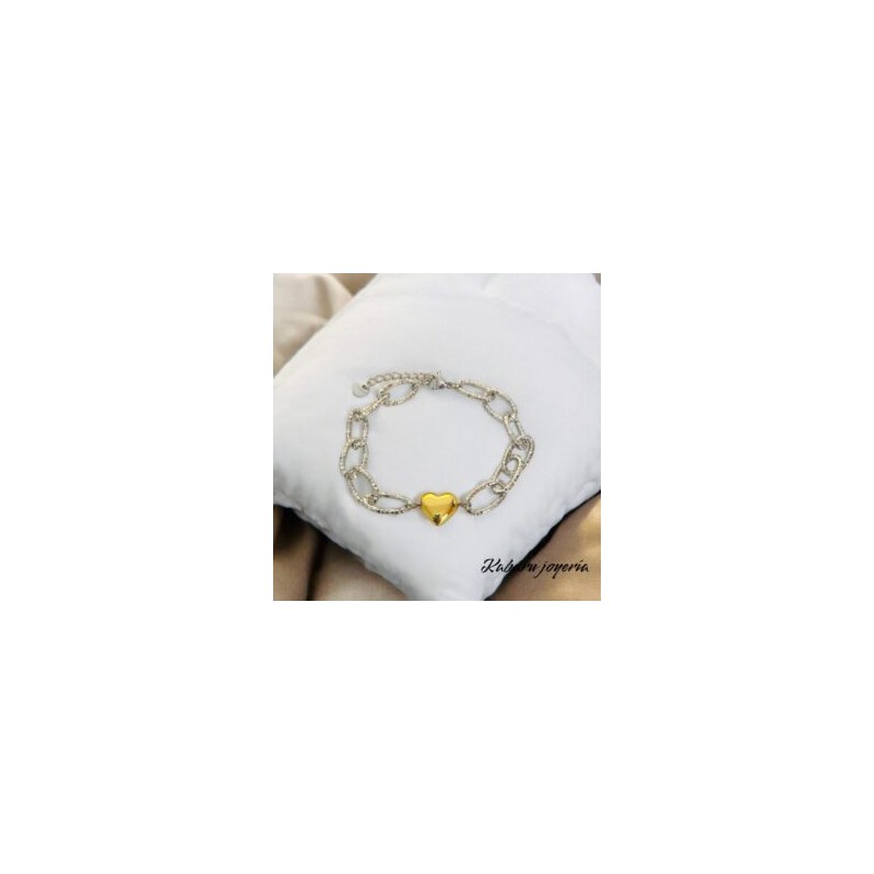 Pulsera color plata acero inoxidable corazon dorado