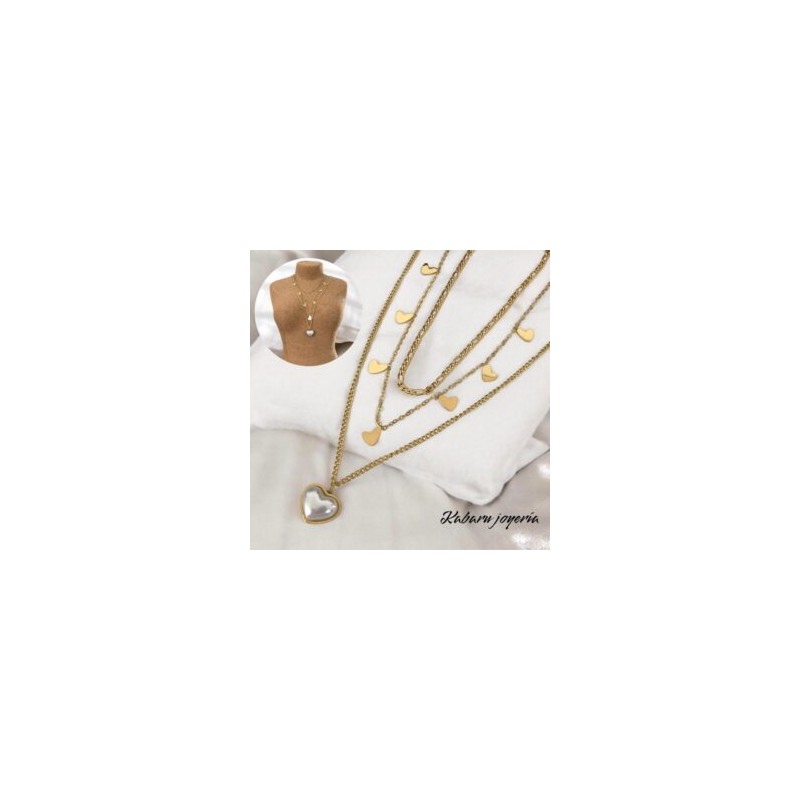 Collar 3 lienzos dorado acero inoxidable corazones