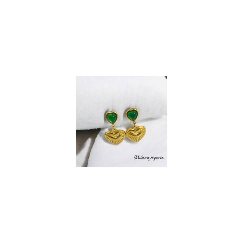 Pendientes dorados acero inoxidable corazon piedra verde