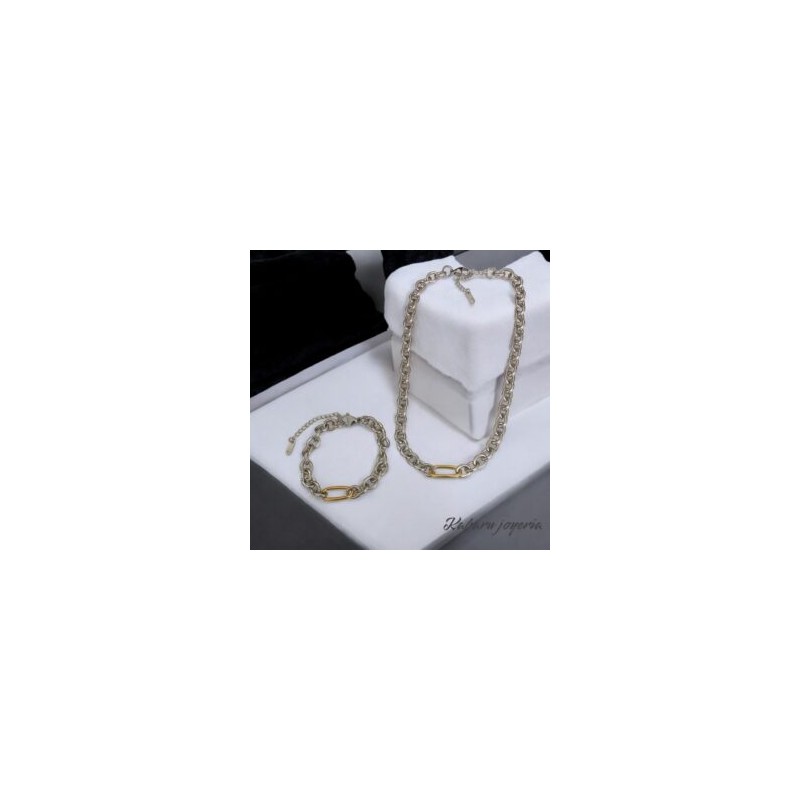 Collar y pulsera color plata acero inoxidable hebilla dorada