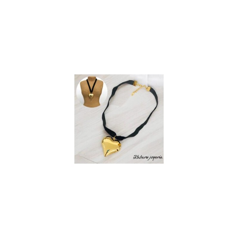 Chocker negro corazon dorado acero inoxidable
