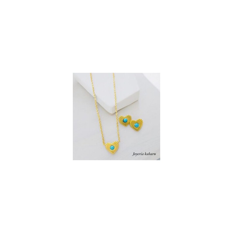 Conjunto dorado acero inoxidable corazon piedra verde