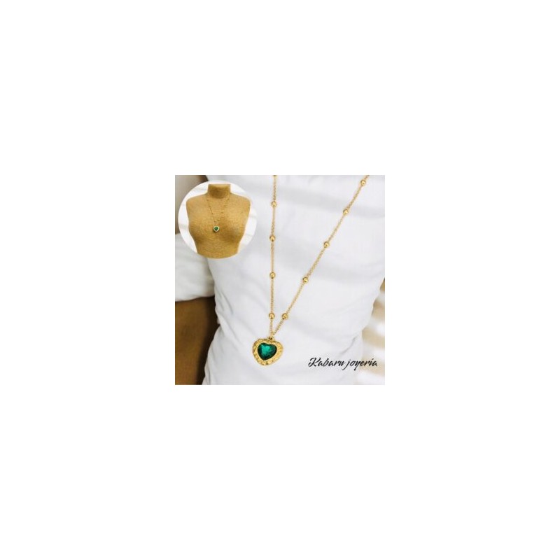 Collar dorado acero inoxidable corazon verde