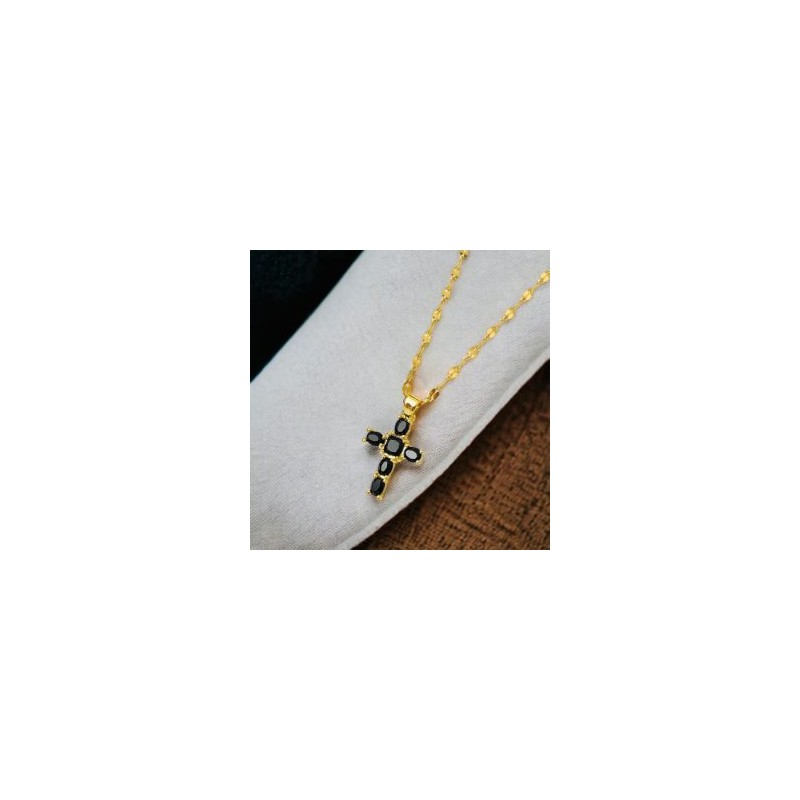 Collar dorado acero inoxidable Cruz piedra negra
