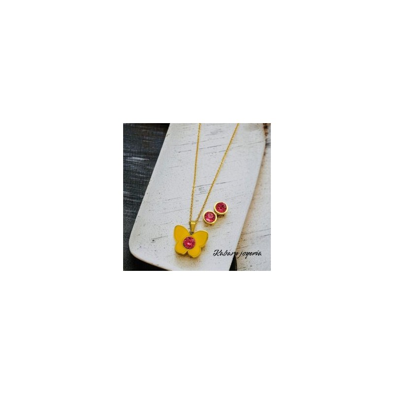 Conjunto acero inoxidable mariposa amarilla piedra rosa