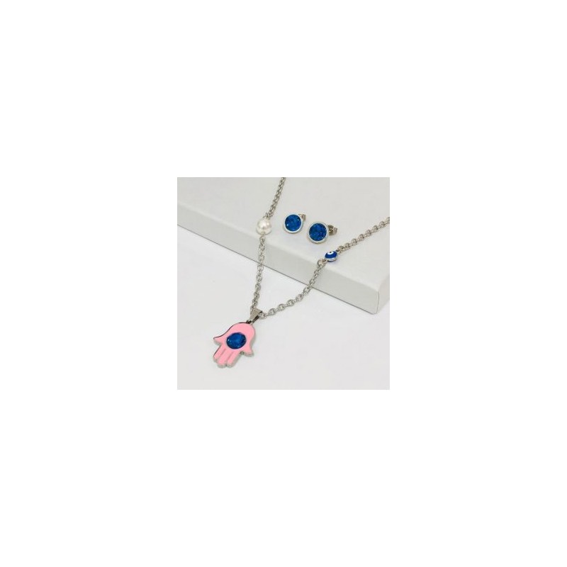 Conjunto acero inoxidable color plata mano Fátima rosa