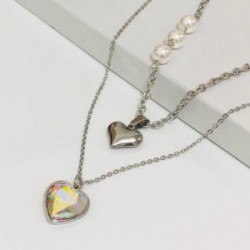 Collar 2 lienzos acero inoxidable corazón blanco tornasol