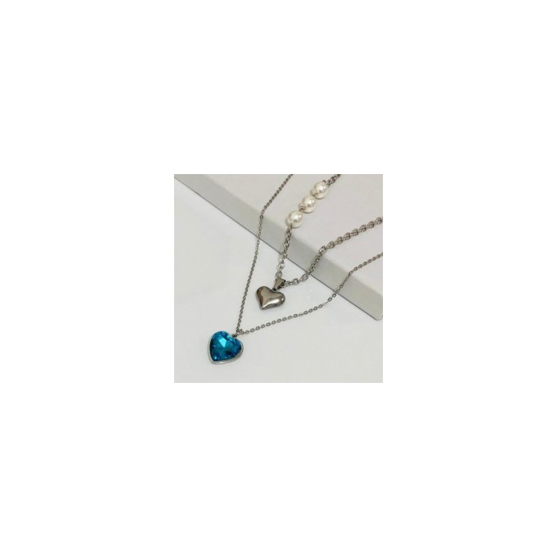 Collar 2 lienzos acero inoxidable corazón agua marina