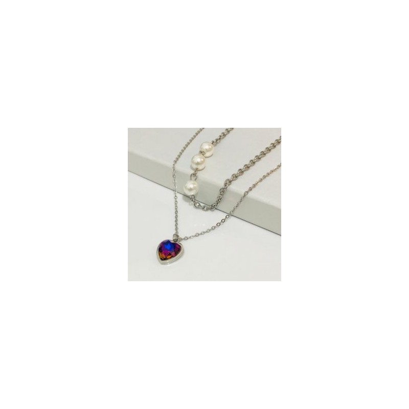 Collar 2 lienzos acero inoxidable corazón tornasol metálico