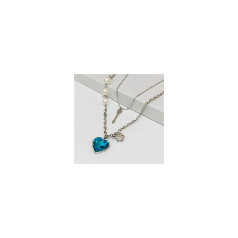 Collar 2 lienzos  acero inoxidable corazón agua marina
