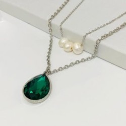 Collar 2 lienzos  acero inoxidable gota verde
