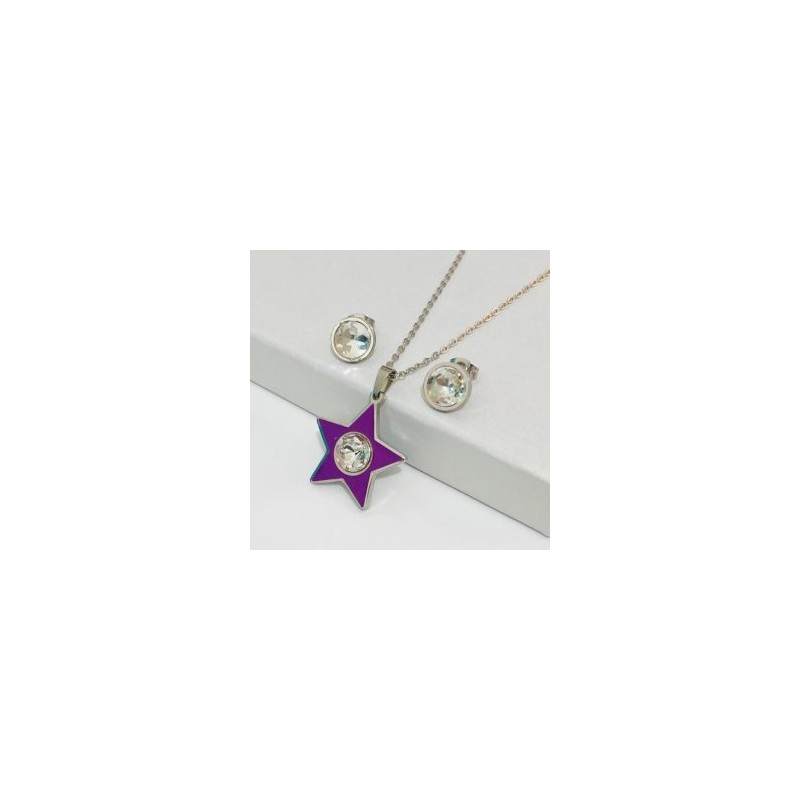 Conjunto acero inoxidable estrella purpura piedra blanca