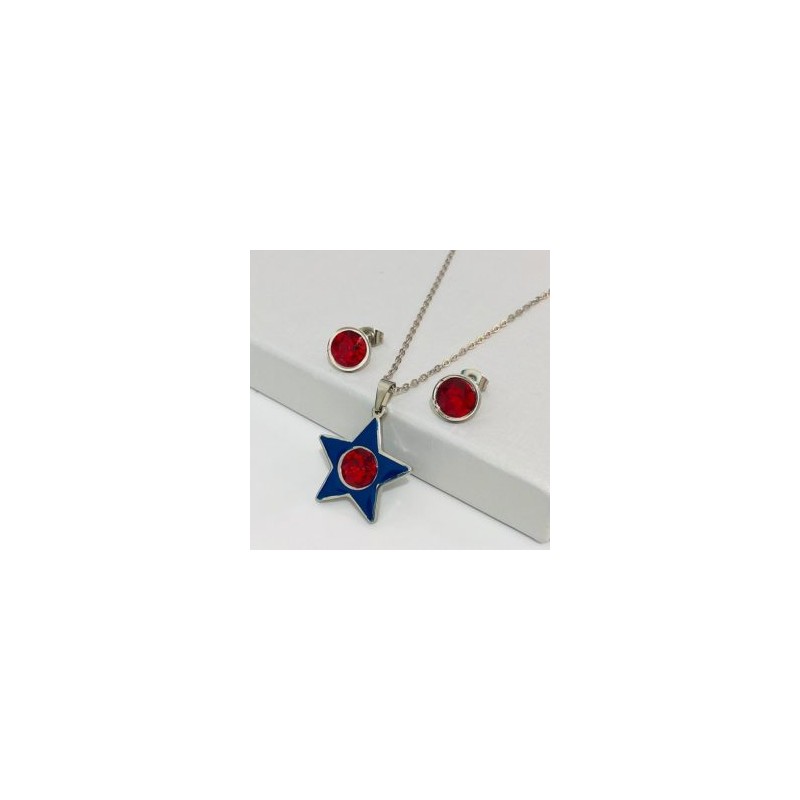 Conjunto acero inoxidable estrella azul piedra roja