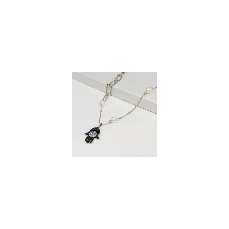 Collar color plata  acero inoxidable mano Fátima negra
