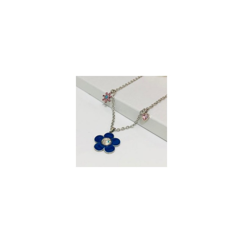 Collar acero inoxidable dijes flor azul