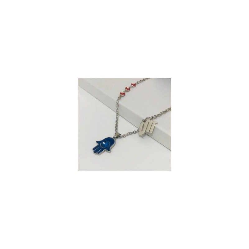 Collar acero inoxidable mano Fátima azul