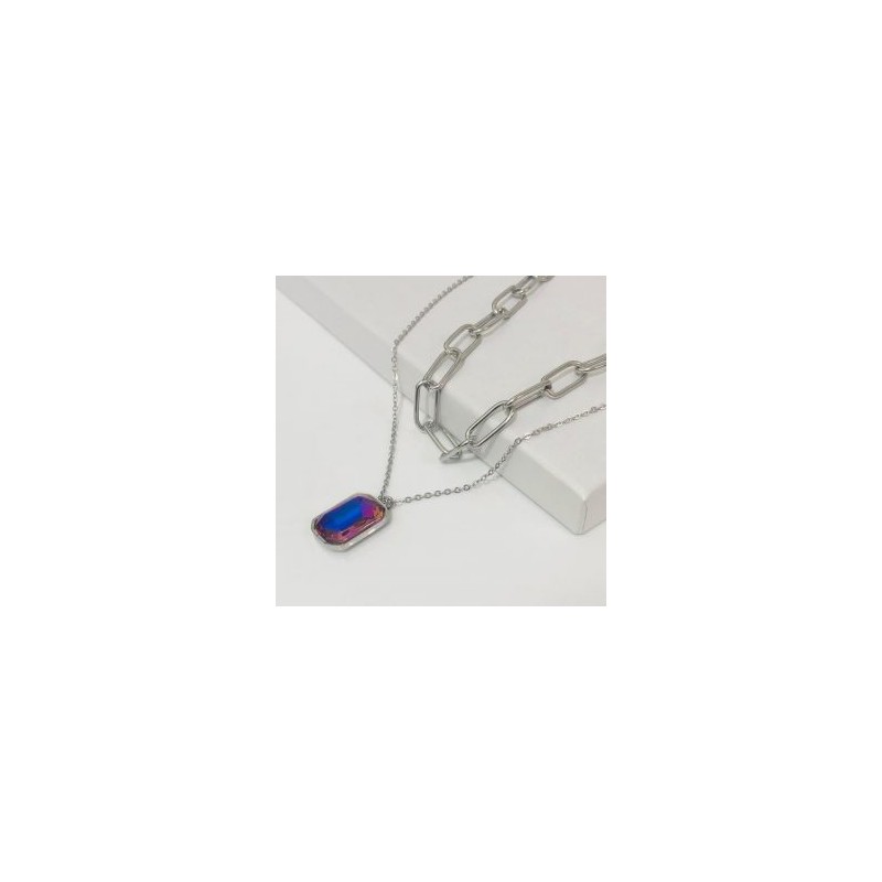 Collar 2 lienzos acero inoxidable piedra tornasol metálico