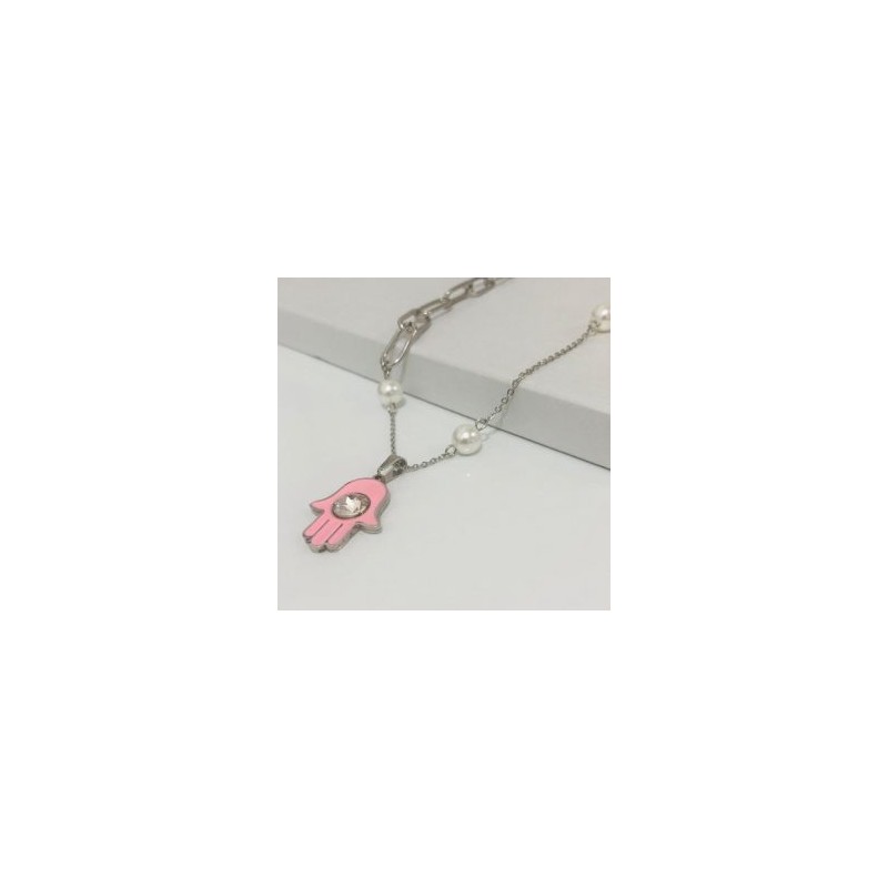 Collar color plata  acero inoxidable mano Fátima rosa