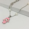 Collar color plata  acero inoxidable mano Fátima rosa