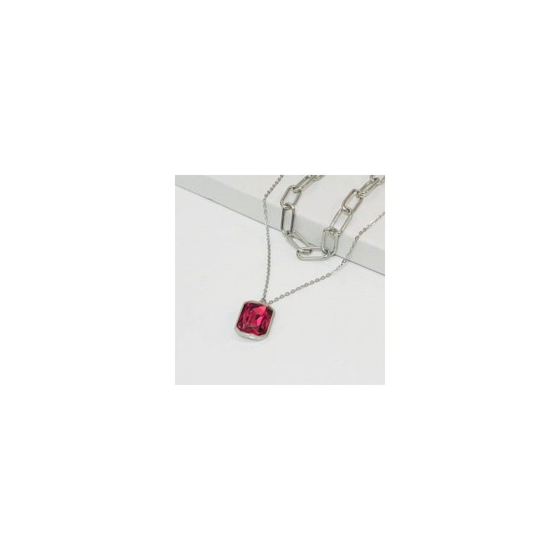 Collar 2 lienzos acero inoxidable piedra rosa coral