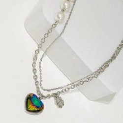 Collar 2 lienzos acero inoxidable corazón tornasol metálico