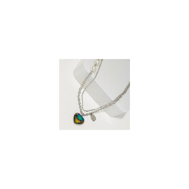 Collar 2 lienzos acero inoxidable corazón tornasol metálico