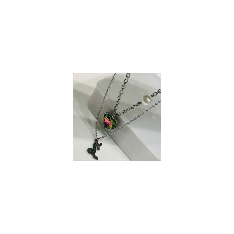 Collar 2 lienzos acero inoxidable corazón tornasol