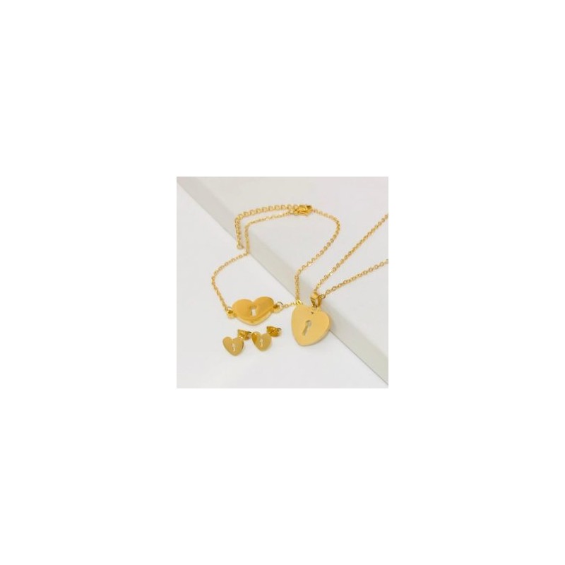 Conjunto acero inoxidable pulsera y aretes corazón llave