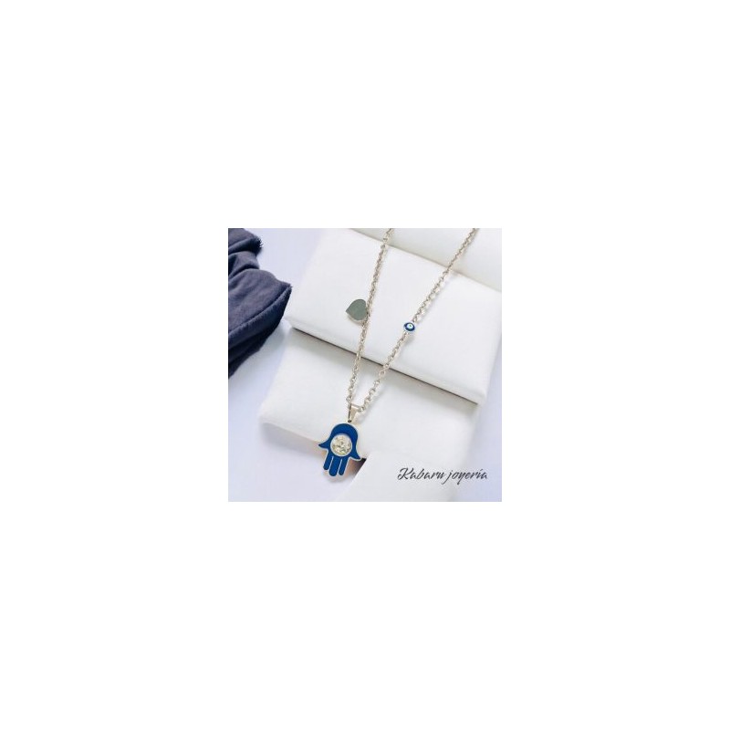Collar color plata acero inoxidable mano de Fátima azul
