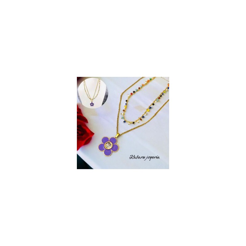 Collar 2 lienzos rosa acero inoxidable flor purpura
