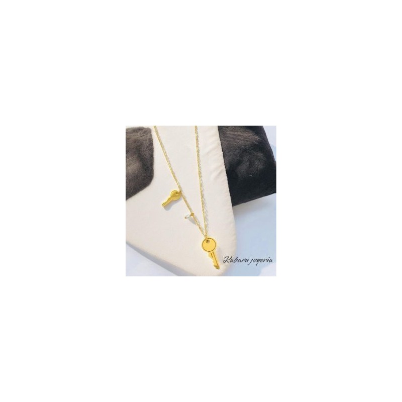 Collar dorado acero inoxidable llaves perla
