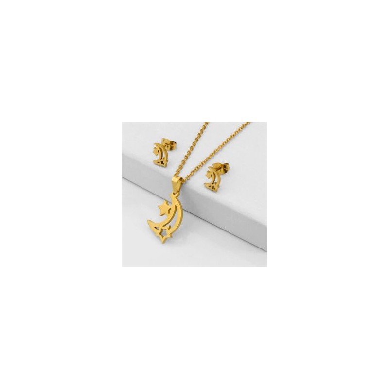 Conjunto dorado acero inoxidable moda lunas | Joyería Ensueño